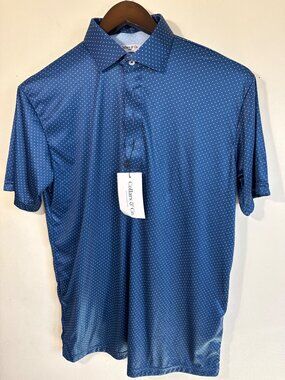 Mens Blue Polka Dot Dress Collar Polo Shirt Moisture-Wicking Wrinkle-Resistant L